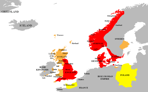 L'empire de Canut II de Danemark en 1028 (en rouge), ses vassaux (en orange) et alliés (en jaune)